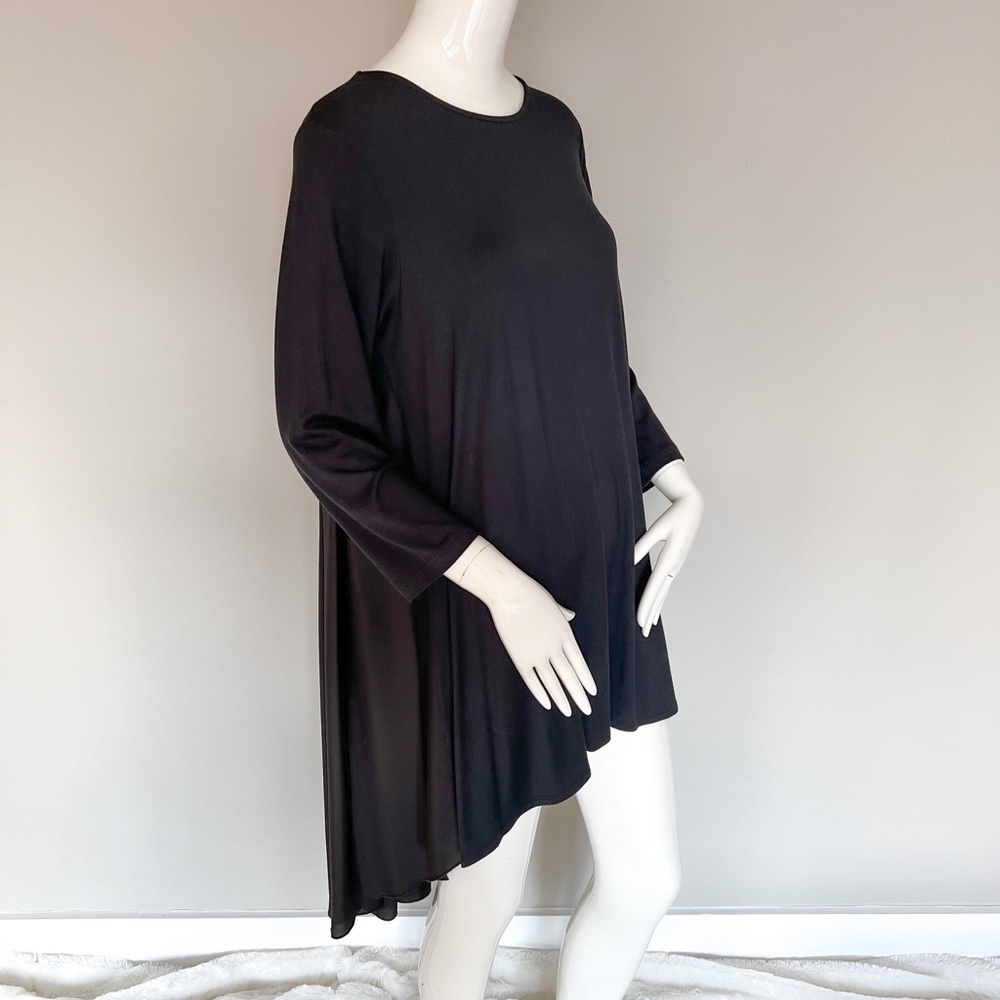 NEW Black Hi Low Tunic 3/4 Sleeve M Soft Stretch Pleated Back Skirt Chic Relaxed